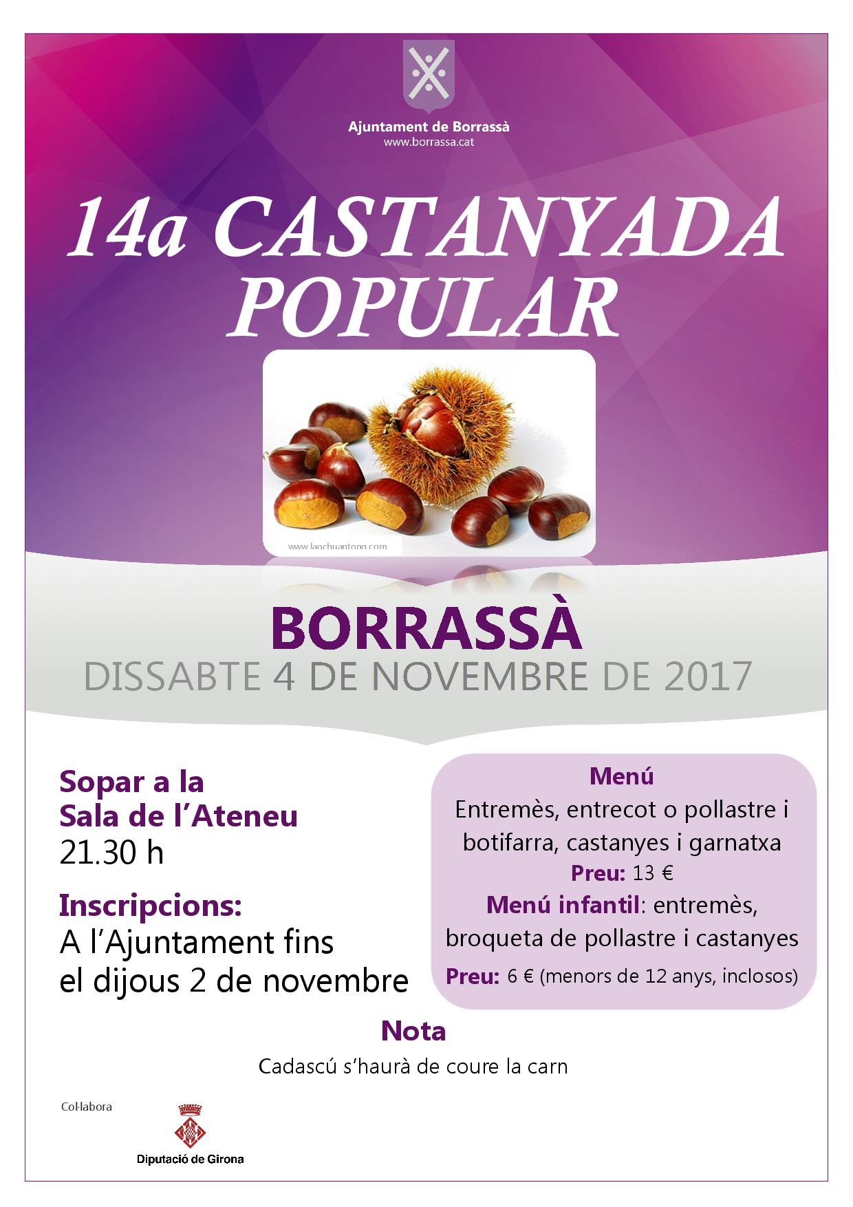 Aquest dijous 2 de novembre (de 10 h a 14 h a l'Ajuntament) serà l'últim dia per inscriure's a la 14a Castanyada popular, que es farà el dissabte 4 de novembre.